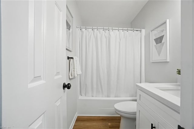 1600 Walsh Ct, Virginia Beach, VA 23454 - full bathroom featuring wood finished floors, toilet, vanity, and shower / bath combo with shower curtain