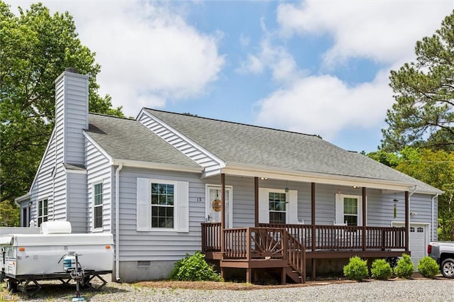 13 Dandy Point Rd, Hampton, VA 23664 - view of front facade with covered porch, a chimney, crawl space, and a shingled roof