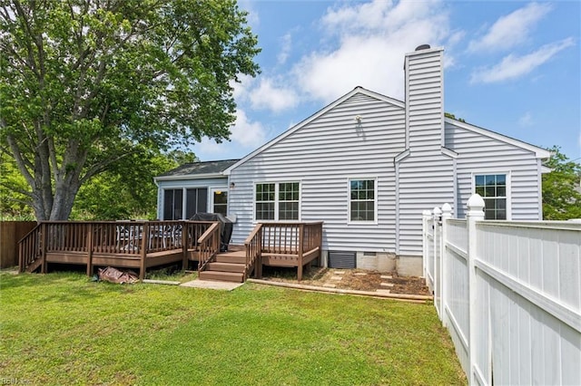 13 Dandy Point Rd, Hampton, VA 23664 - back of house with crawl space, a deck, and a chimney