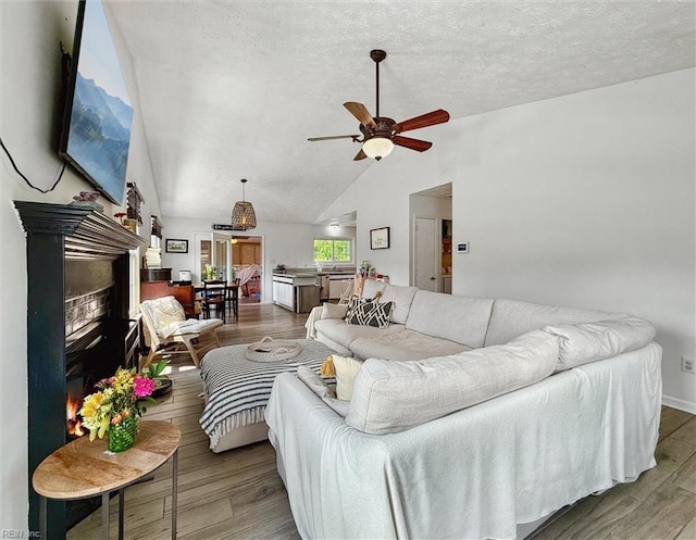 13 Dandy Point Rd, Hampton, VA 23664 - living area featuring vaulted ceiling, a ceiling fan, wood finished floors, a fireplace, and a textured ceiling
