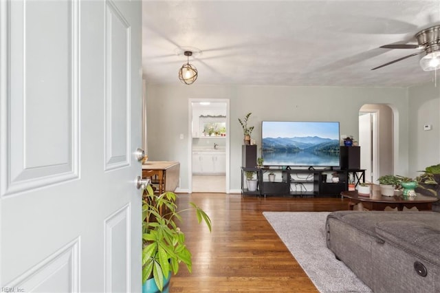 164 Findley Sq, Hampton, VA 23666 - living room with arched walkways, a ceiling fan, and wood finished floors
