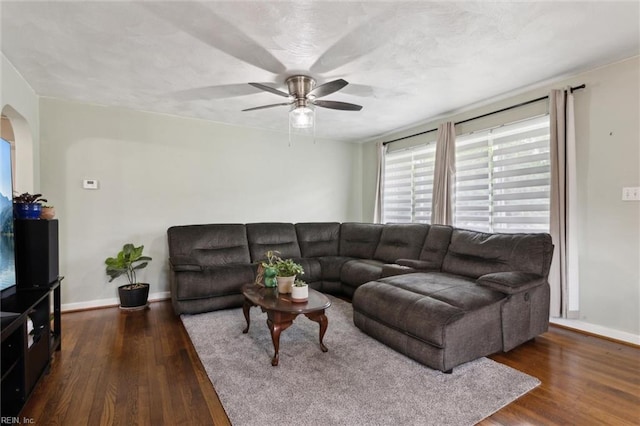 164 Findley Sq, Hampton, VA 23666 - living room featuring wood finished floors, a ceiling fan, baseboards, and arched walkways