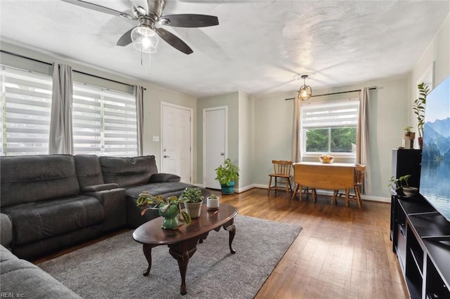 164 Findley Sq, Hampton, VA 23666 - living room featuring wood-type flooring, a ceiling fan, and baseboards