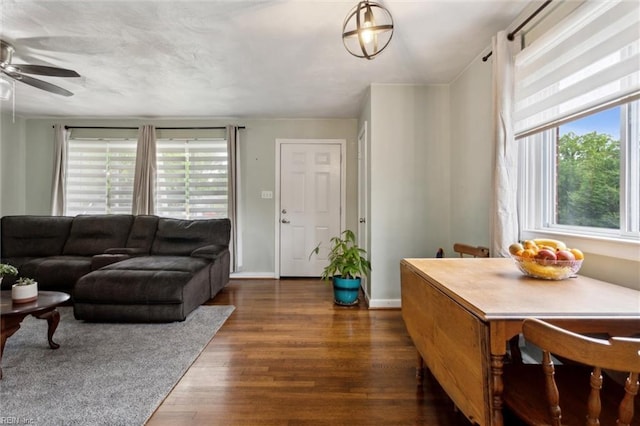 164 Findley Sq, Hampton, VA 23666 - living area with plenty of natural light, ceiling fan, dark wood-style floors, and baseboards
