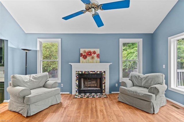253 S George Washington Hwy, Chesapeake, VA 23323 - sitting room featuring ceiling fan, wood finished floors, a tile fireplace, and baseboards