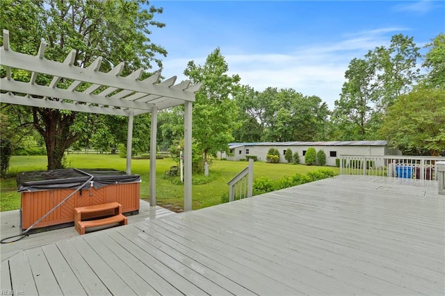 253 S George Washington Hwy, Chesapeake, VA 23323 - deck featuring a hot tub, a yard, view of wooded area, and a pergola