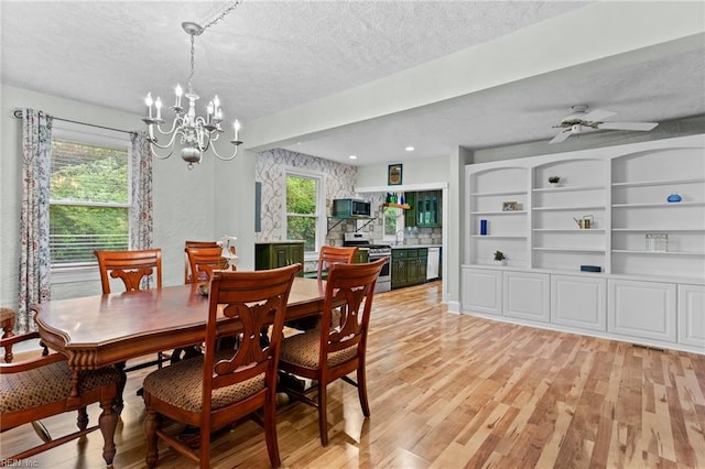253 S George Washington Hwy, Chesapeake, VA 23323 - dining space with a textured ceiling, a chandelier, light wood finished floors, healthy amount of natural light, and a ceiling fan