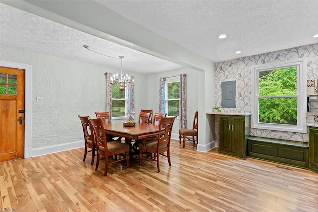 253 S George Washington Hwy, Chesapeake, VA 23323 - dining space featuring a textured ceiling, baseboards, electric panel, light wood-style floors, and plenty of natural light