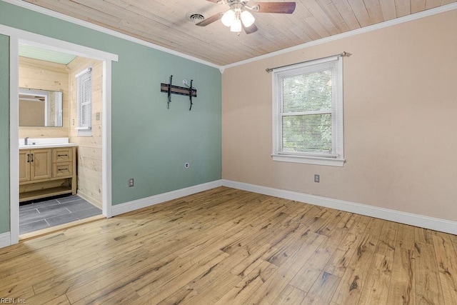 27195 Dogwood Bend Rd, Franklin, VA 23851 - unfurnished bedroom featuring ornamental molding, light wood-type flooring, baseboards, ensuite bath, and ceiling fan
