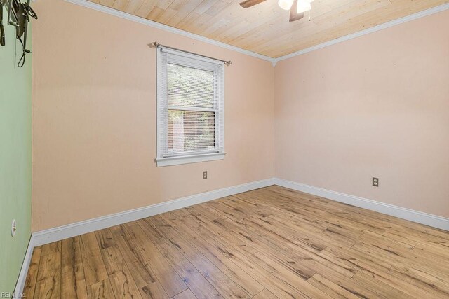 27195 Dogwood Bend Rd, Franklin, VA 23851 - empty room with ornamental molding, a ceiling fan, hardwood / wood-style flooring, baseboards, and wood ceiling