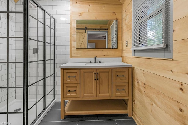 27195 Dogwood Bend Rd, Franklin, VA 23851 - full bath with a shower stall, tile patterned floors, vanity, and wood walls