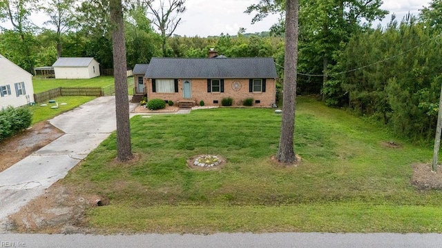 27195 Dogwood Bend Rd, Franklin, VA 23851 - ranch-style home featuring a chimney, concrete driveway, crawl space, a front yard, and brick siding