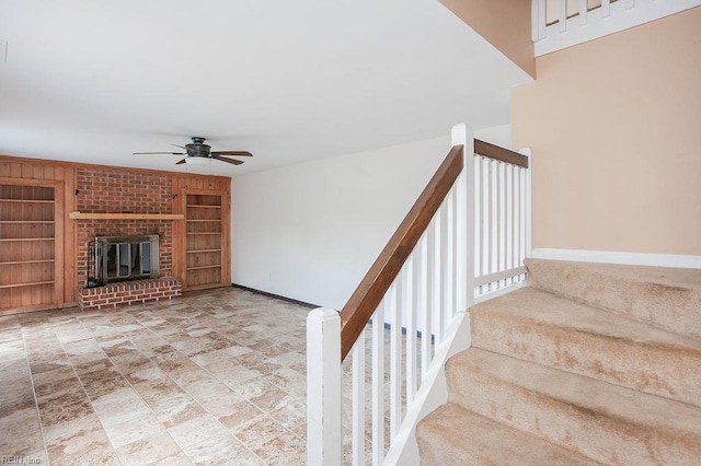 1705 Ocean Bay Dr, Virginia Beach, VA 23454 - stairs featuring ceiling fan, built in shelves, baseboards, and a brick fireplace