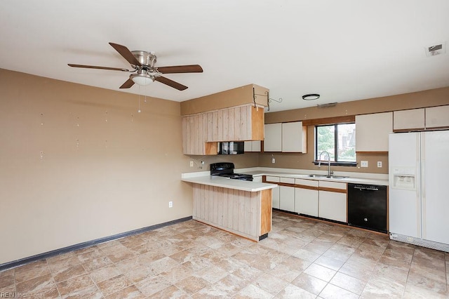 1705 Ocean Bay Dr, Virginia Beach, VA 23454 - kitchen with black appliances, a sink, a peninsula, light countertops, and a ceiling fan