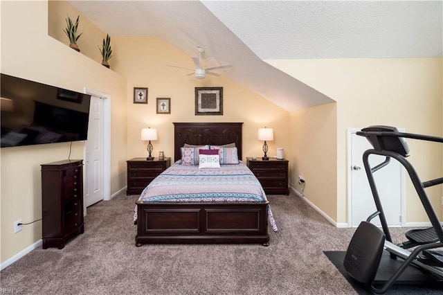 bedroom with vaulted ceiling, carpet, baseboards, and a ceiling fan