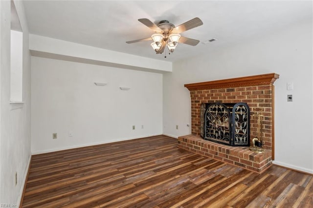 6017 Glen View Dr, Virginia Beach, VA 23464 - unfurnished living room with a ceiling fan, wood finished floors, and a brick fireplace