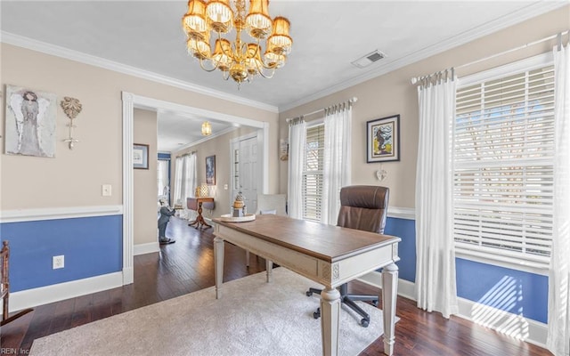 office area featuring a chandelier, hardwood / wood-style floors, baseboards, and ornamental molding