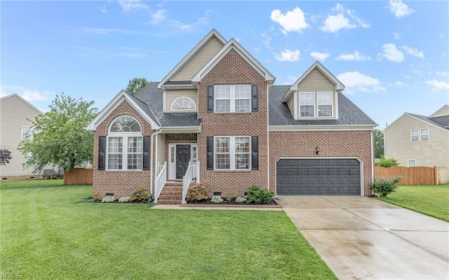 2230 Angler Ln, Chesapeake, VA 23323 - traditional home with driveway, crawl space, brick siding, roof with shingles, and an attached garage