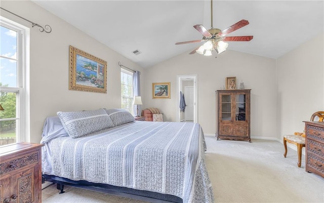 2230 Angler Ln, Chesapeake, VA 23323 - bedroom with light colored carpet, vaulted ceiling, baseboards, and ceiling fan