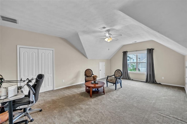 2537 Springhaven Dr, Virginia Beach, VA 23456 - carpeted office space featuring vaulted ceiling, baseboards, and ceiling fan