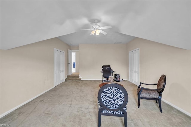2537 Springhaven Dr, Virginia Beach, VA 23456 - sitting room featuring carpet flooring, ceiling fan, baseboards, vaulted ceiling, and an office area