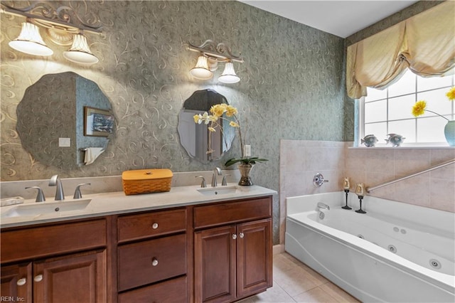 2968 Elegance Ln, Virginia Beach, VA 23456 - full bathroom with wallpapered walls, tile patterned flooring, a tub with jets, and double vanity