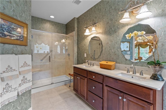 2968 Elegance Ln, Virginia Beach, VA 23456 - bathroom with a shower stall, tile patterned floors, wallpapered walls, and double vanity