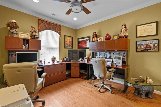 2968 Elegance Ln, Virginia Beach, VA 23456 - office featuring a ceiling fan, ornamental molding, light wood-type flooring, and recessed lighting