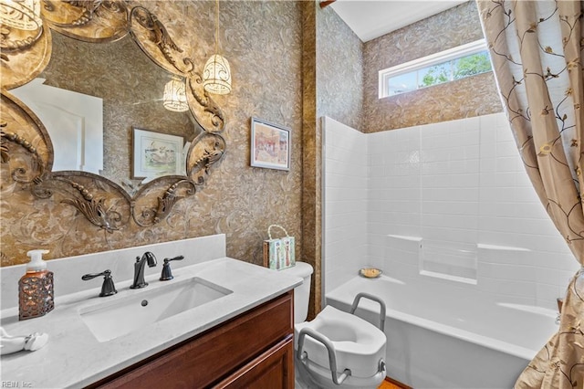 2968 Elegance Ln, Virginia Beach, VA 23456 - full bathroom with wallpapered walls, vanity, shower / bath combo with shower curtain, and toilet