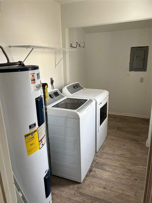 719 Tilden Pl, Virginia Beach, VA 23454 - clothes washing area with electric water heater, washing machine and dryer, electric panel, wood finished floors, and baseboards