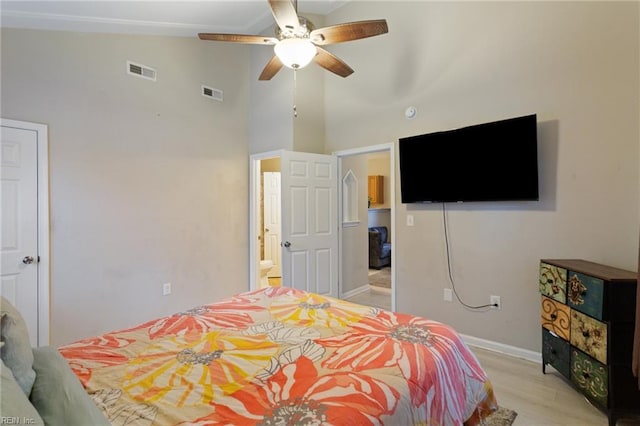 117 Bute St, Suffolk, VA 23434 - bedroom featuring high vaulted ceiling, light wood finished floors, baseboards, and a ceiling fan