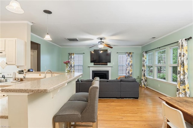 5049 Kelso St, Suffolk, VA 23435 - kitchen with light wood-style floors, ornamental molding, a peninsula, a breakfast bar area, and a ceiling fan