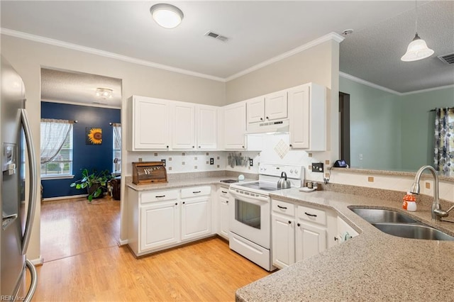 5049 Kelso St, Suffolk, VA 23435 - kitchen featuring white electric stove, a sink, stainless steel fridge with ice dispenser, under cabinet range hood, and light wood-type flooring
