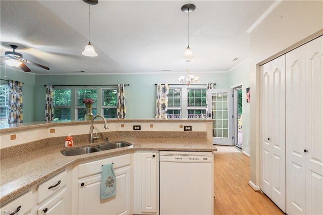 5049 Kelso St, Suffolk, VA 23435 - kitchen featuring dishwasher, a sink, ornamental molding, a ceiling fan, and decorative light fixtures