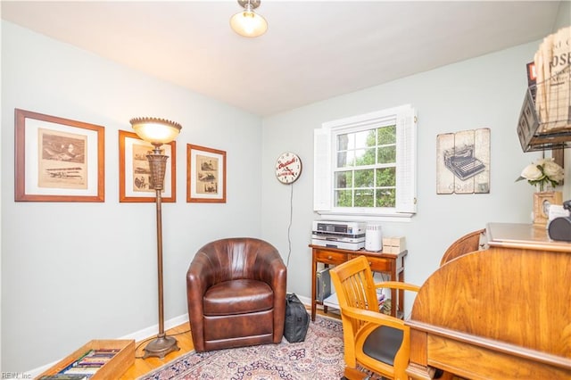 living area with wood finished floors, a desk, and baseboards