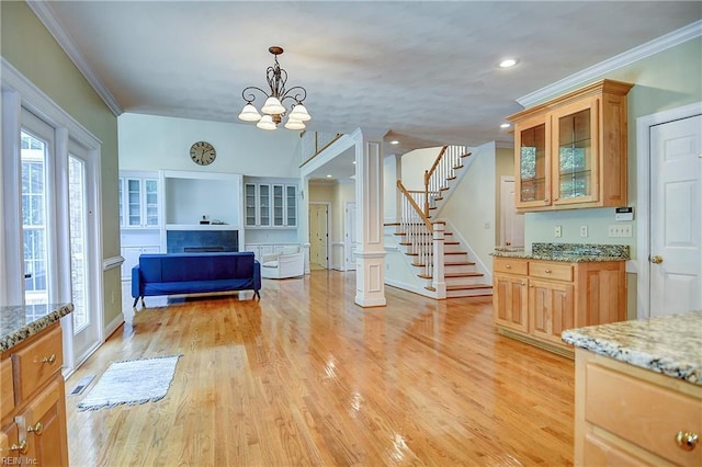 840 Forest Glade Dr, Chesapeake, VA 23322 - dining room with ornamental molding, light wood finished floors, recessed lighting, stairs, and a chandelier