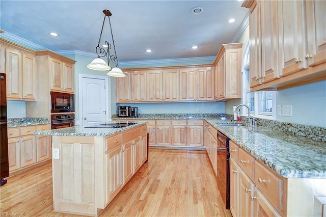 840 Forest Glade Dr, Chesapeake, VA 23322 - kitchen with light brown cabinets, a sink, black appliances, crown molding, and light wood finished floors