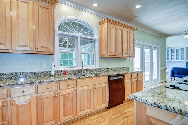 840 Forest Glade Dr, Chesapeake, VA 23322 - kitchen with dishwasher, a sink, light brown cabinetry, ornamental molding, and light wood-style floors
