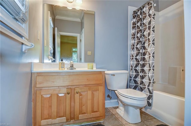 840 Forest Glade Dr, Chesapeake, VA 23322 - bathroom with toilet, tile patterned flooring, vanity, crown molding, and shower / tub combo with curtain