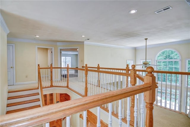 840 Forest Glade Dr, Chesapeake, VA 23322 - corridor with an upstairs landing, ornamental molding, recessed lighting, and carpet