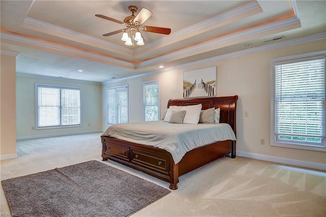 840 Forest Glade Dr, Chesapeake, VA 23322 - bedroom featuring a raised ceiling, carpet, crown molding, baseboards, and a ceiling fan