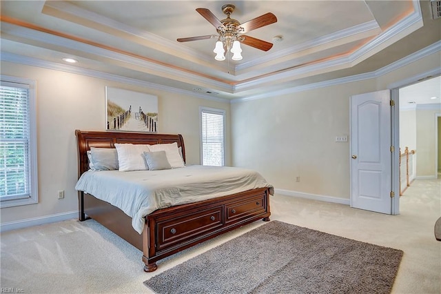 840 Forest Glade Dr, Chesapeake, VA 23322 - bedroom featuring light colored carpet, ornamental molding, a raised ceiling, baseboards, and a ceiling fan