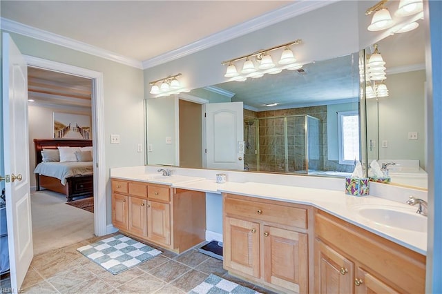 840 Forest Glade Dr, Chesapeake, VA 23322 - ensuite bathroom with a shower stall, crown molding, double vanity, and tile patterned flooring