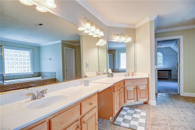 840 Forest Glade Dr, Chesapeake, VA 23322 - full bathroom with double vanity, baseboards, ornamental molding, and a bath