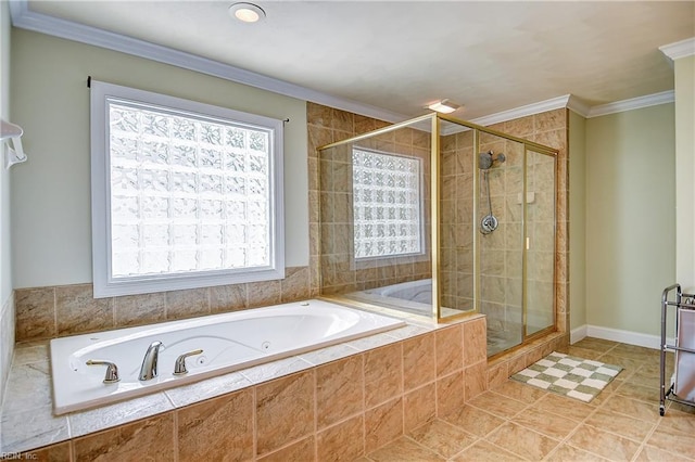 840 Forest Glade Dr, Chesapeake, VA 23322 - bathroom featuring plenty of natural light, a stall shower, crown molding, a garden tub, and tile patterned flooring