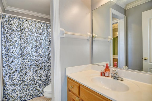 840 Forest Glade Dr, Chesapeake, VA 23322 - bathroom featuring crown molding, toilet, vanity, tile patterned floors, and a shower with shower curtain