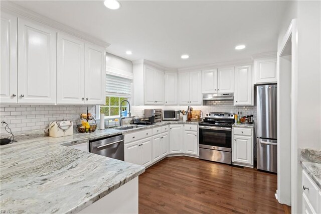 527 Lakeshead Dr, Williamsburg, VA 23185 - kitchen with appliances with stainless steel finishes, under cabinet range hood, a sink, dark wood finished floors, and white cabinets