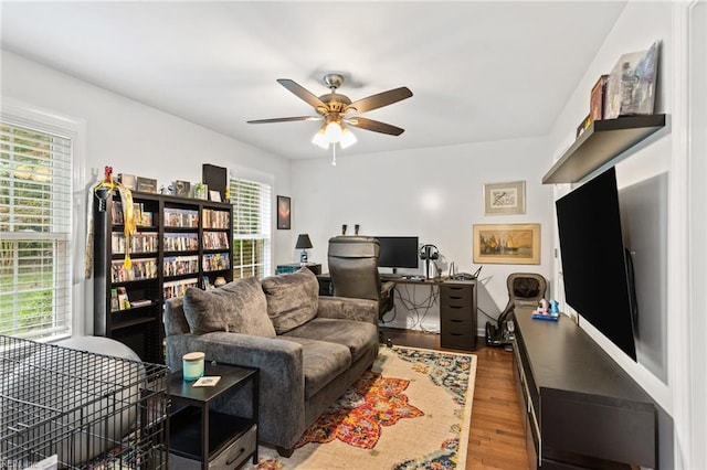 527 Lakeshead Dr, Williamsburg, VA 23185 - living area with ceiling fan, wood finished floors, and an office area