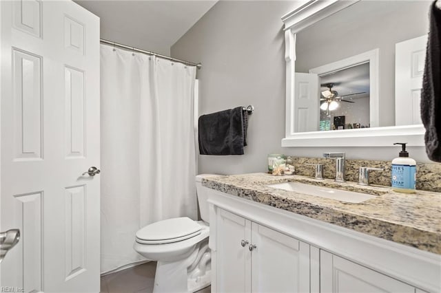 527 Lakeshead Dr, Williamsburg, VA 23185 - full bathroom with toilet, vanity, tile patterned floors, ceiling fan, and curtained shower