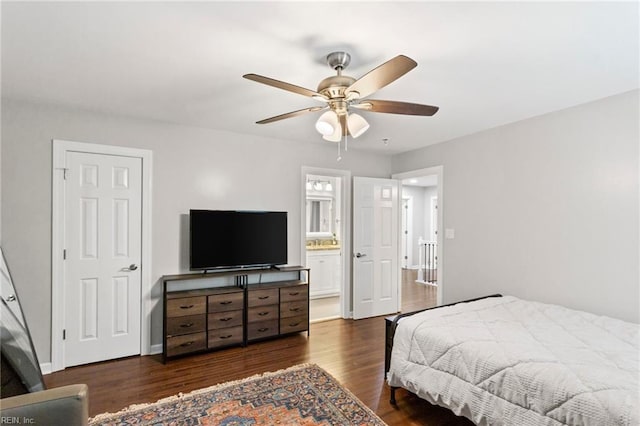 527 Lakeshead Dr, Williamsburg, VA 23185 - bedroom featuring wood finished floors, ceiling fan, and connected bathroom